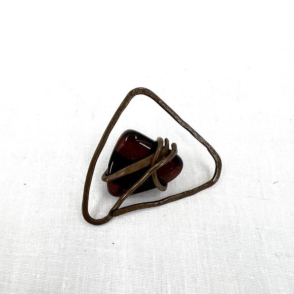 Vintage Triangle Metal Wrapped Brown Stone Necklace Pendant 2" - Picture 2 of 2